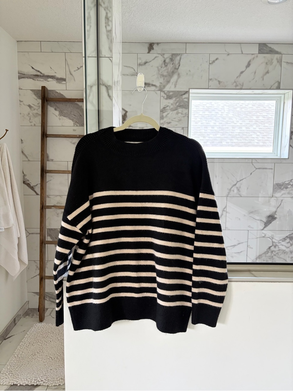 ZARA Black and Cream Striped Crewneck Sweater